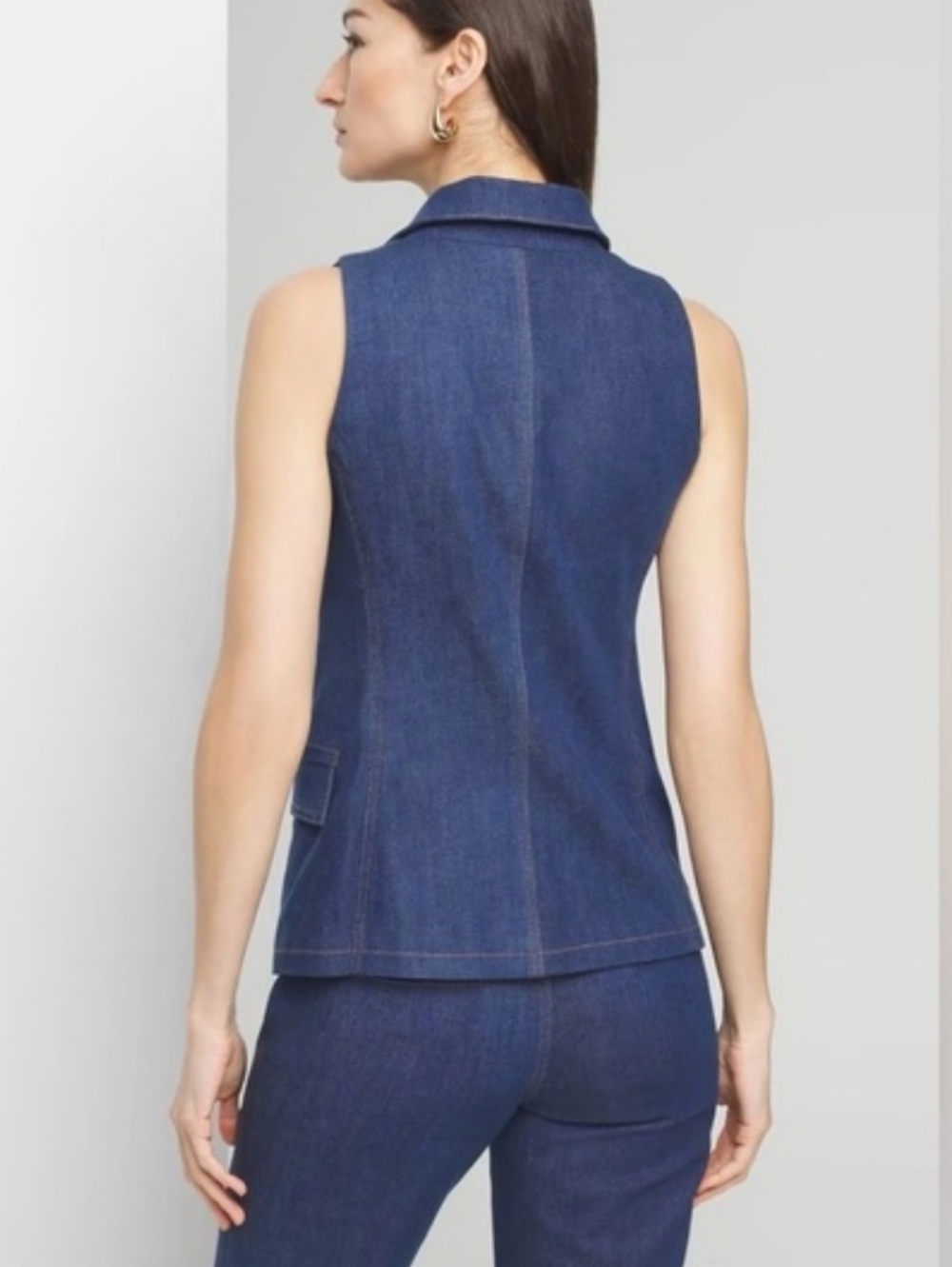 White House Black Market Dark Blue Denim Sleeveless Vest with Gold Buttons - Picture 2 of 11